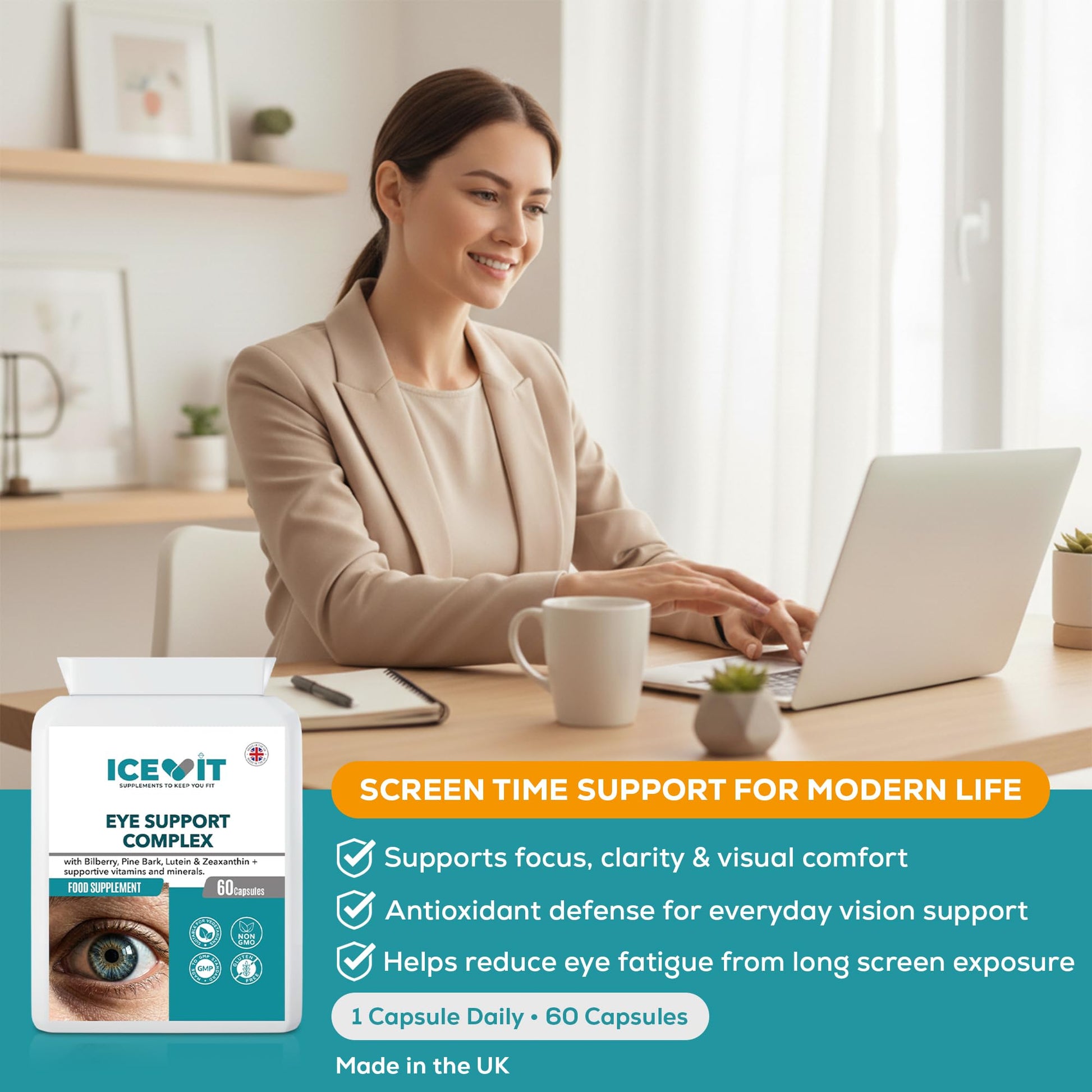 Woman using laptop representing daily eye support supplement routine
