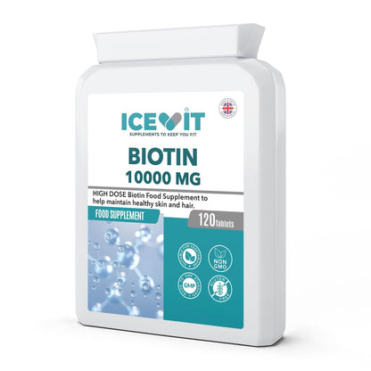 ICEVIT Biotin 10000 MG supplement container on a white background