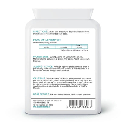 Supplement bottle label with directions, product information, ingredients, and allergy advice on a white background.