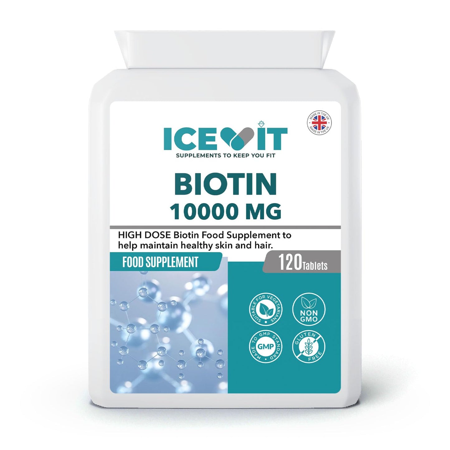 ICEVIT Biotin 10000 MG supplement packaging on a white background