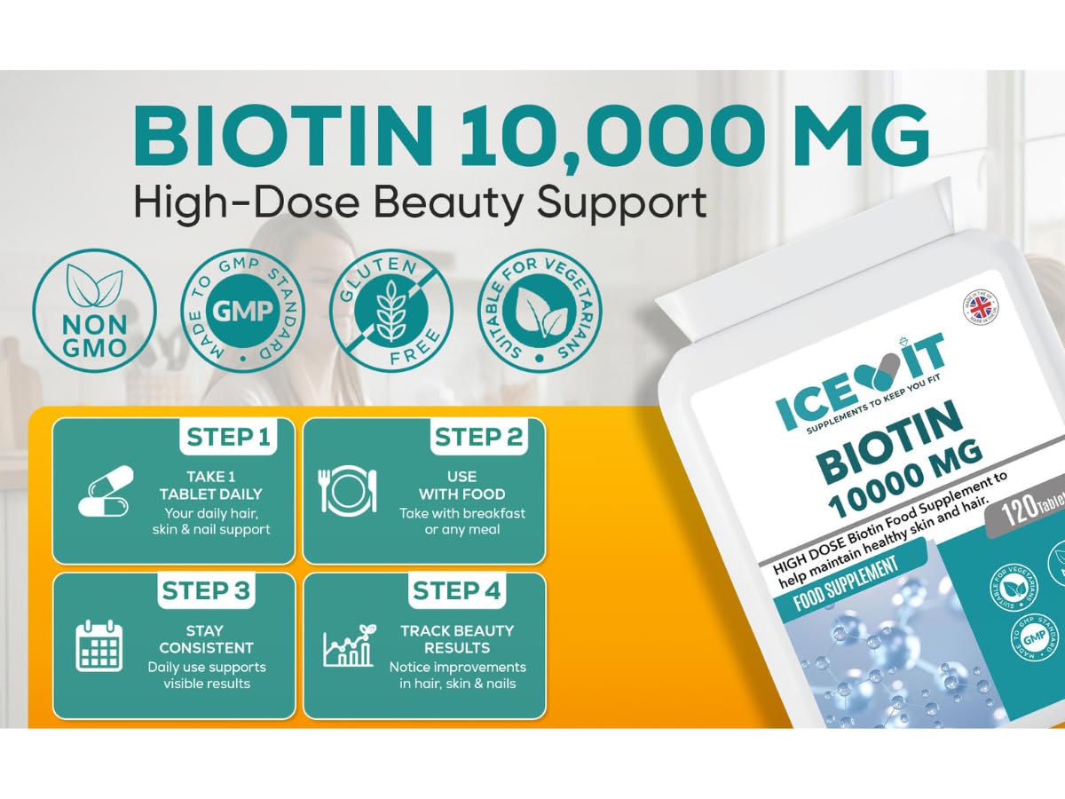 Biotin supplement packaging with instructions and branding on a white background