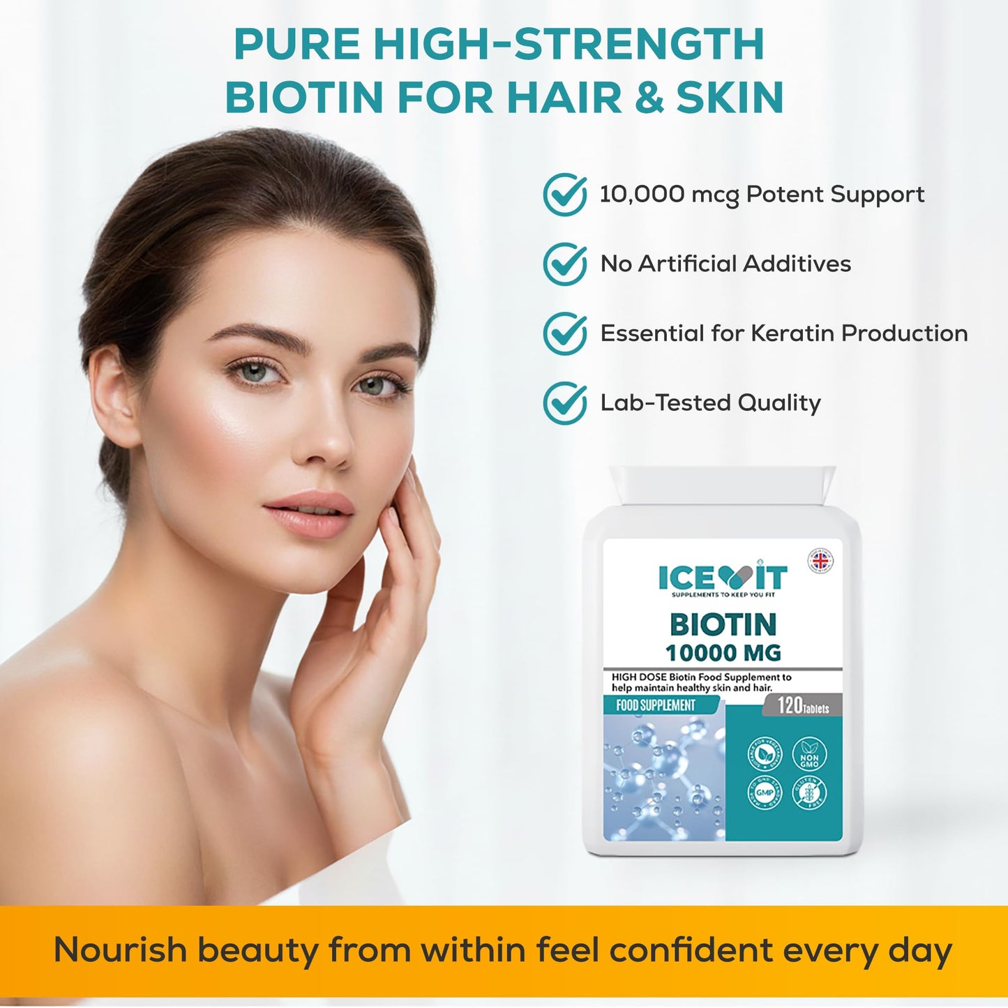Advertisement for Icevit Biotin 10000 MG supplement with a woman's face and product packaging.