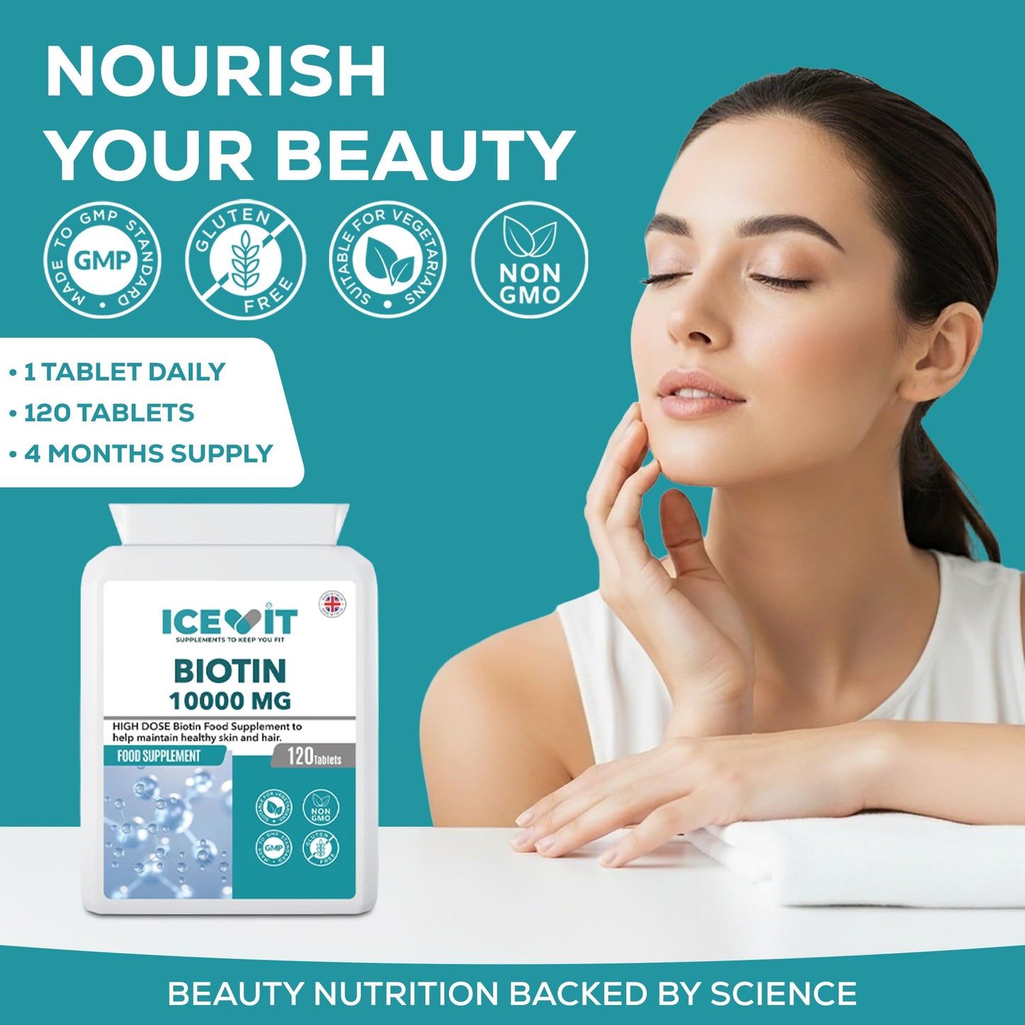 Advertisement for Icevit Biotin supplement with a woman touching her face against a teal background.