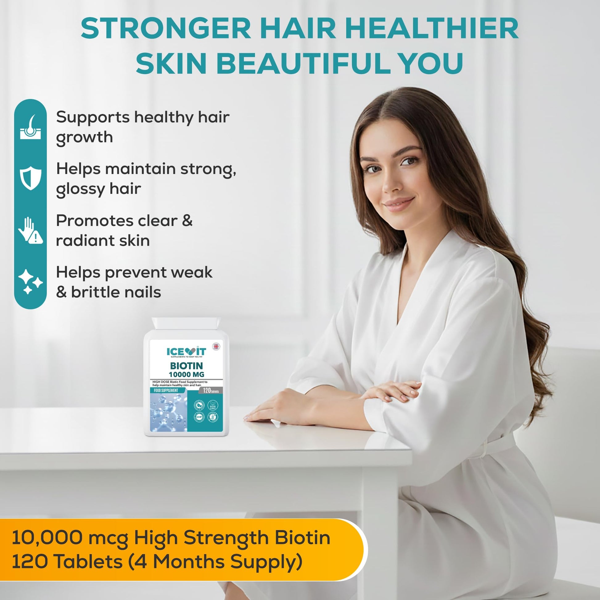 Woman with long hair sitting at a table with a bottle of Icevit Biotin supplements, surrounded by text about hair and skin health.