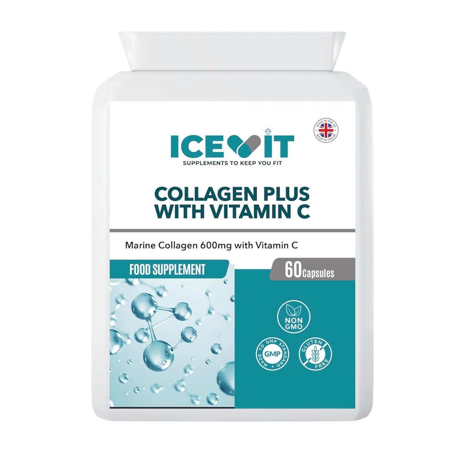 Supplement container labeled 'Collagen Plus with Vitamin C' by ICEVIT on a white background