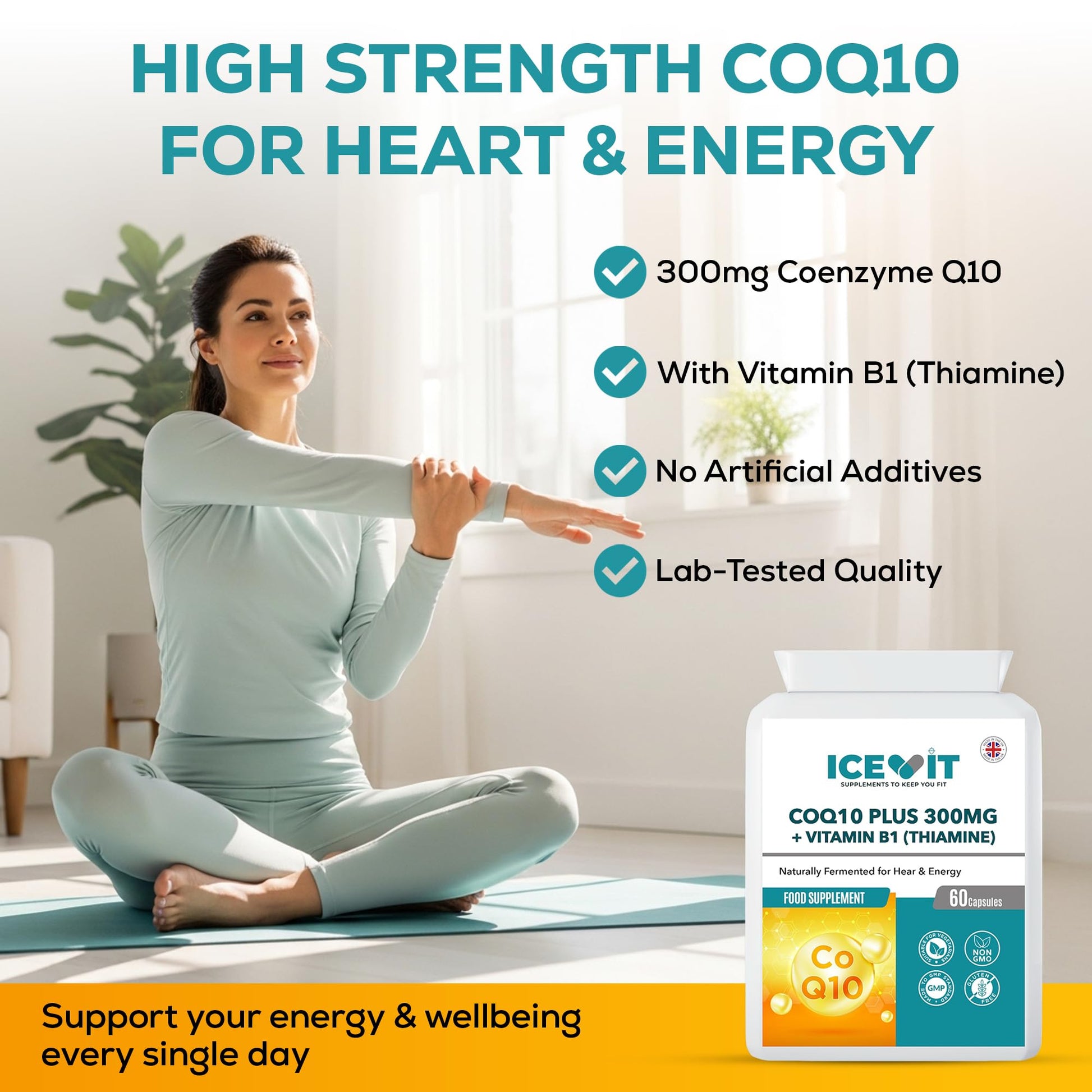 Woman stretching in a bright room with Icevit CoQ10 supplement packaging.