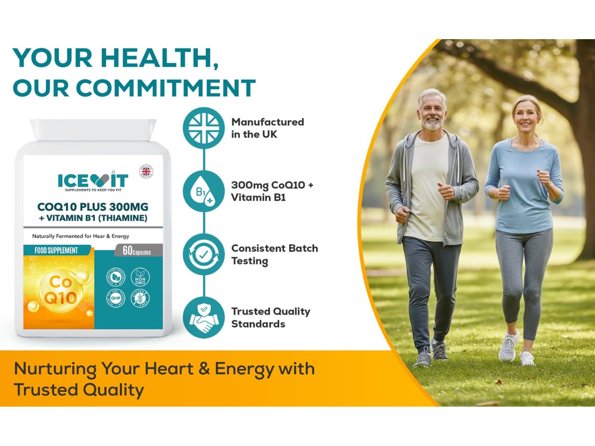 Advertisement for Icevit CoQ10 supplement with a couple walking outdoors.