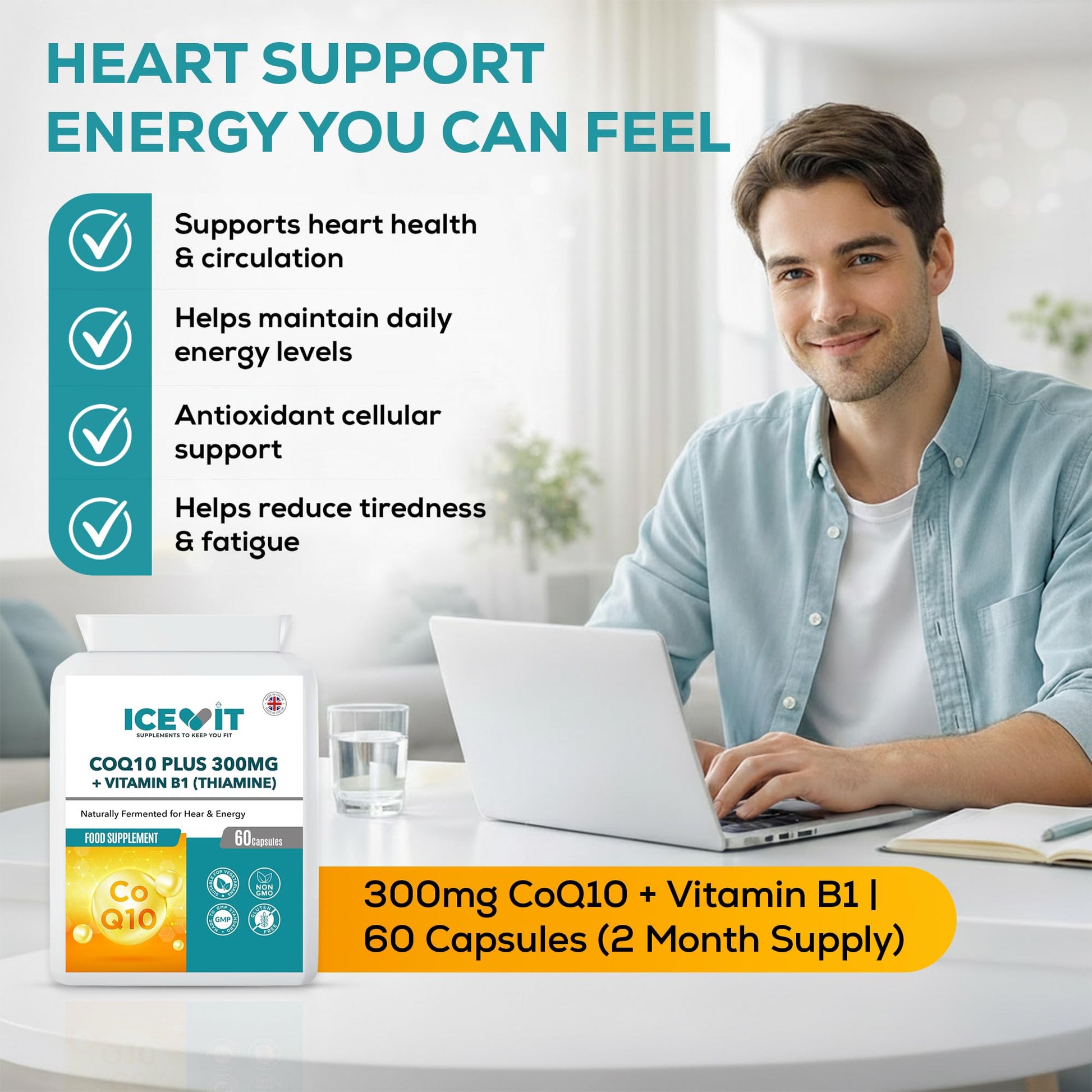 Person using a laptop with Icevit CoQ10 Plus supplement on a table, featuring product details.