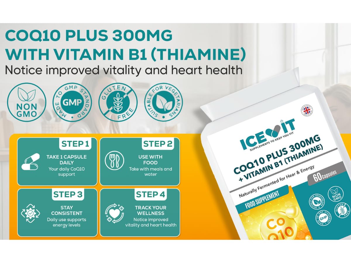 Supplement package with COQ10 PLUS 300MG and Vitamin B1 on a white background