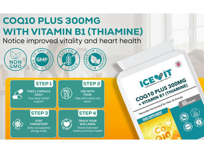 Supplement package with COQ10 PLUS 300MG and Vitamin B1 on a white background
