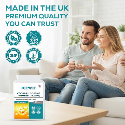 Couple sitting on a couch with a container of ICEVIT CoQ10 Plus supplement in the foreground.