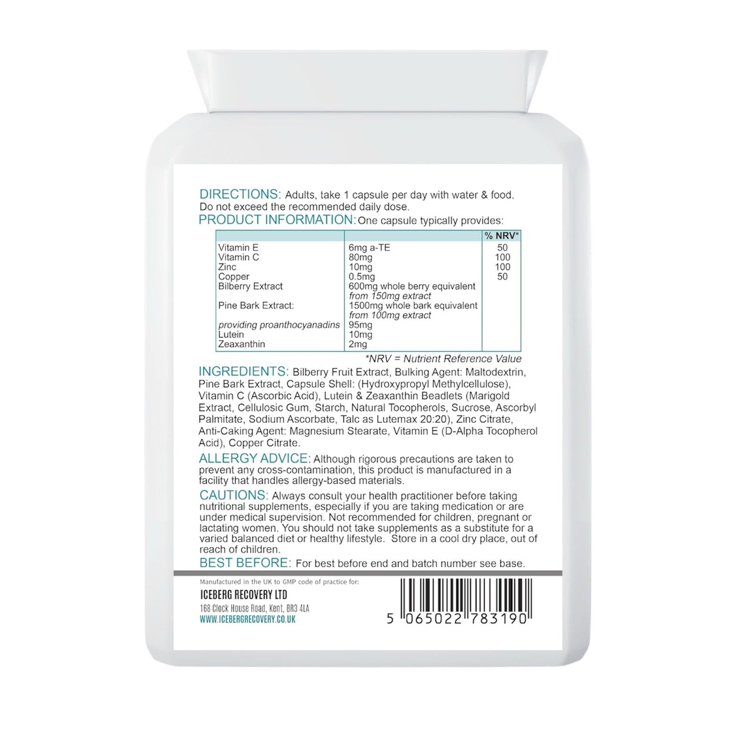 ICEVIT Eye Support Complex supplement facts and ingredients panel
