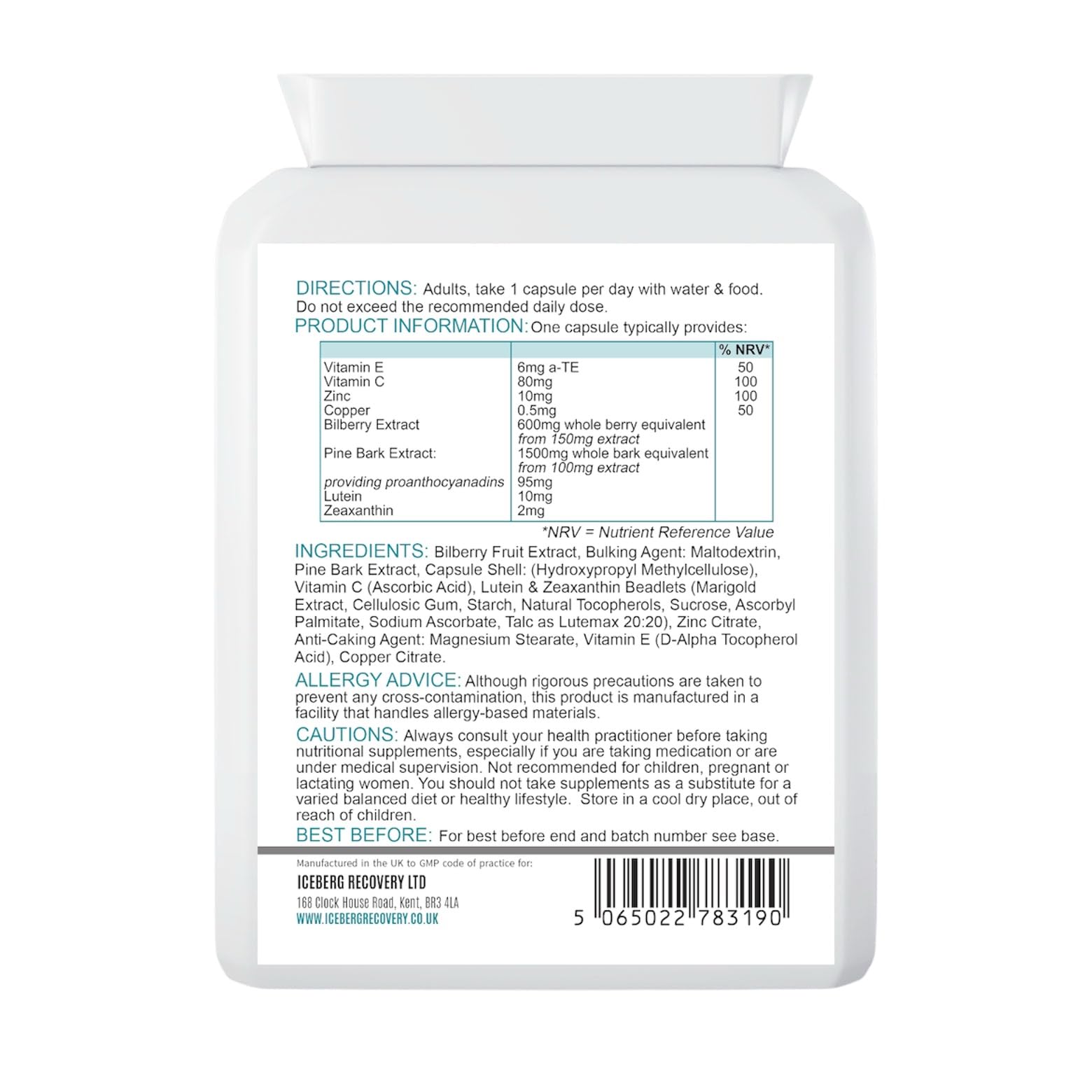 ICEVIT Eye Support Complex supplement facts and ingredients panel
