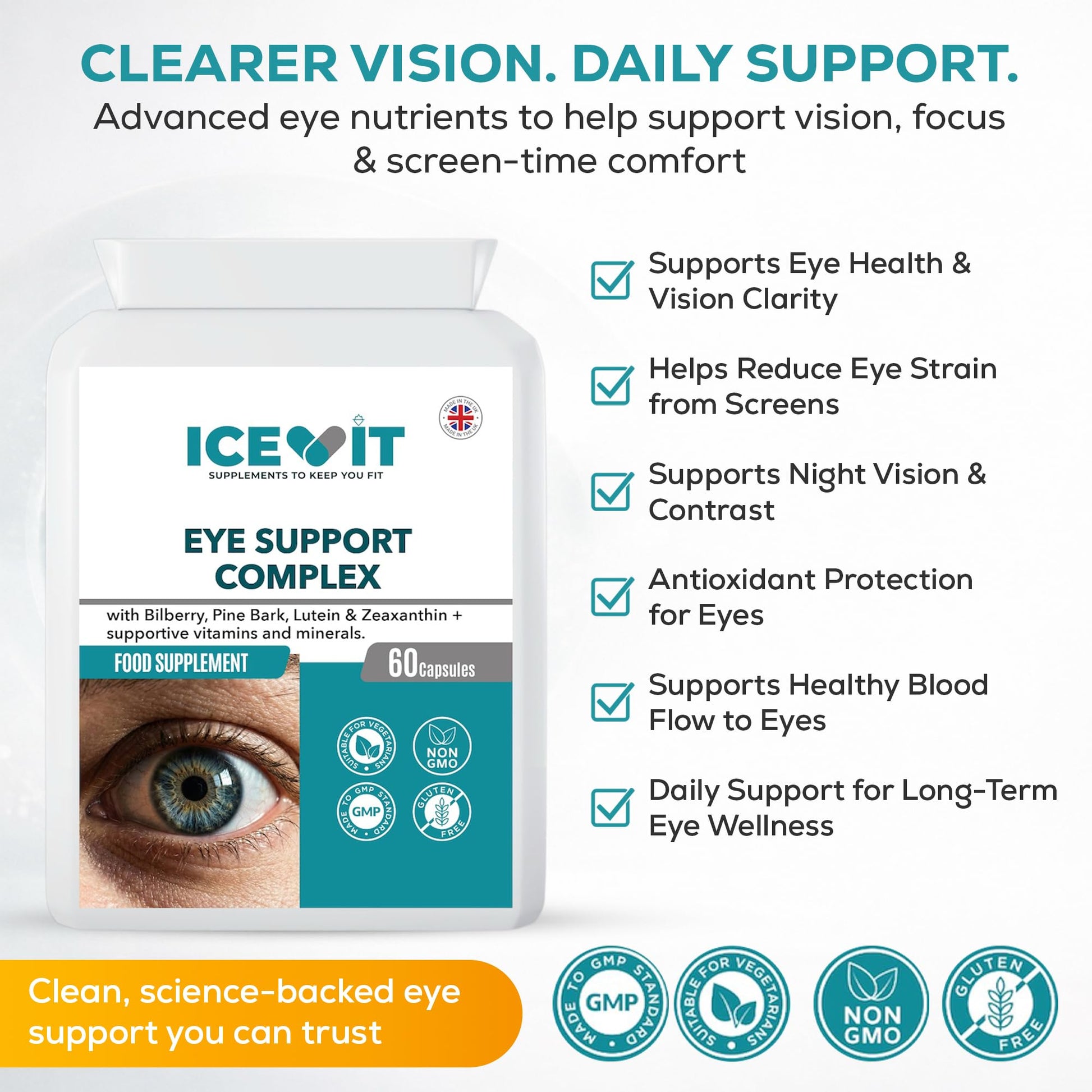 Eye Support Complex daily support infographic showing vision and eye health benefits