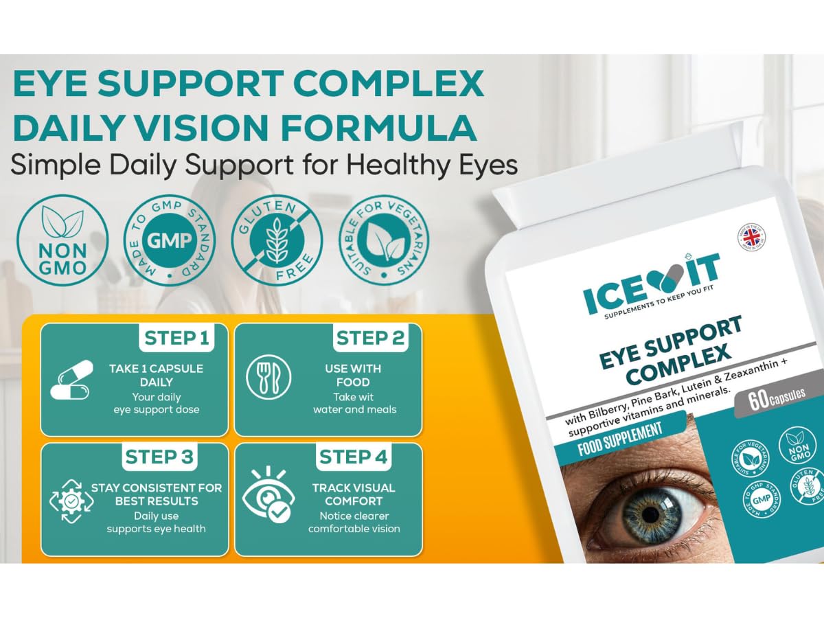 Eye Support Complex daily vision formula infographic showing one capsule routine

