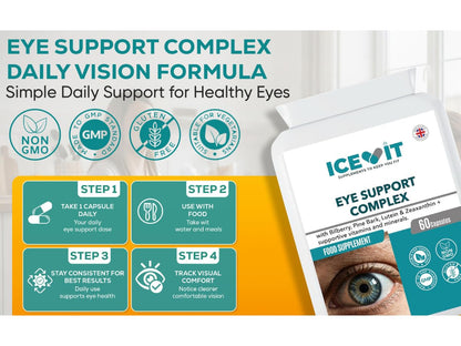 Eye Support Complex daily vision formula infographic showing one capsule routine
