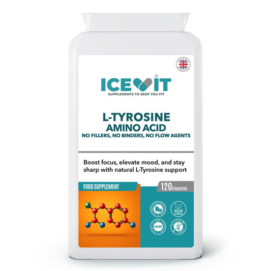 Supplement bottle labeled ICEVIT containing L-Tyrosine amino acid on a white background