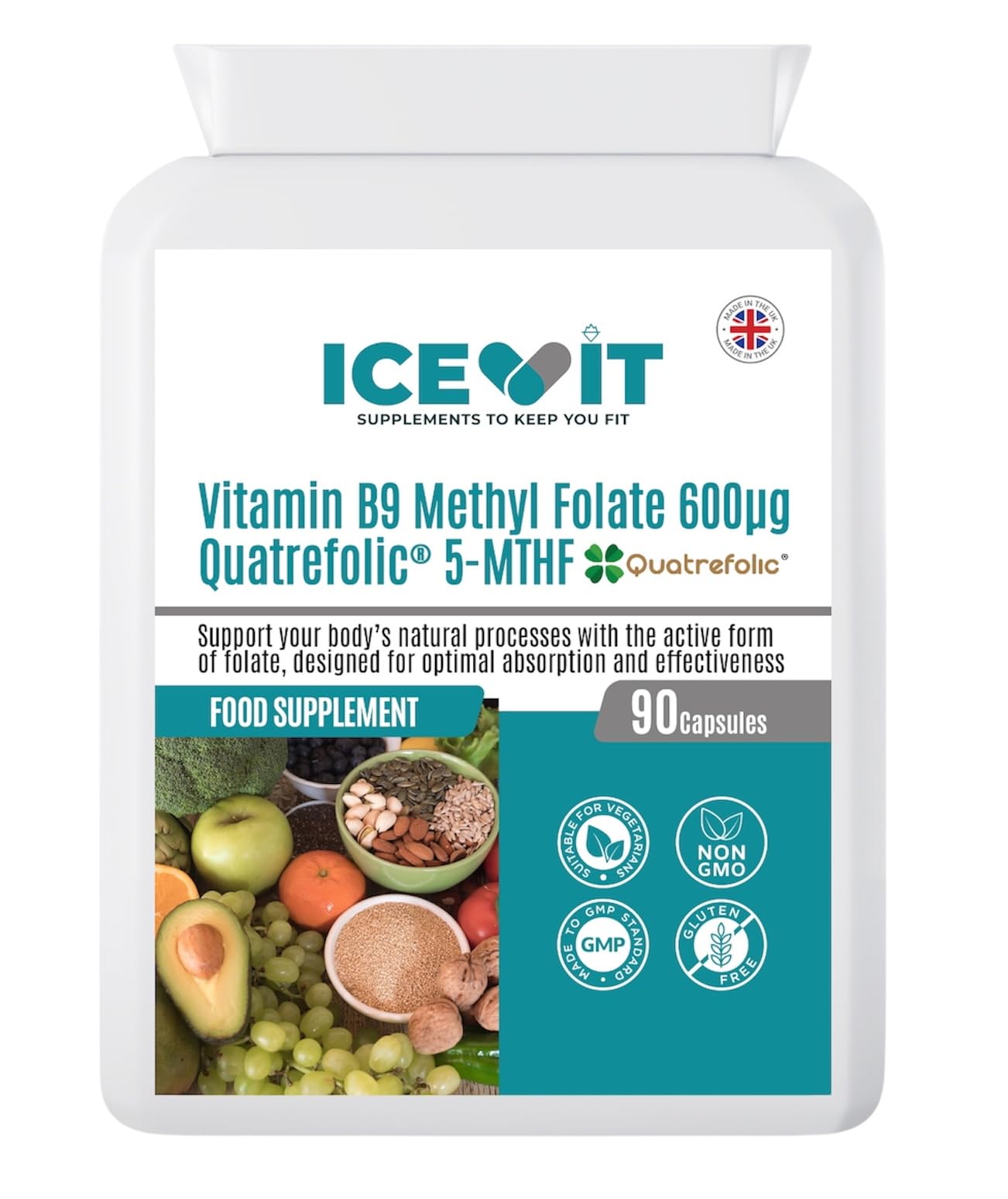 Vitamin B9 Methyl Folate supplement packaging with Icevit branding on a white background