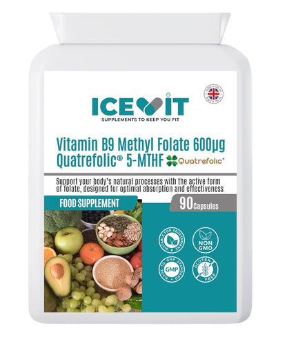 Vitamin B9 Methyl Folate supplement packaging with Icevit branding on a white background