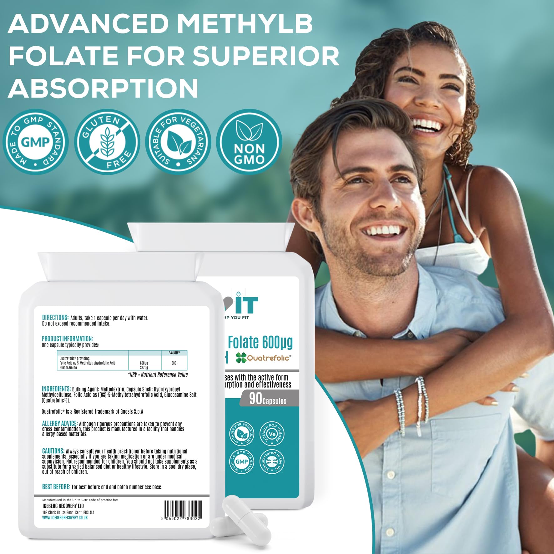 Supplement package with a man and woman in the background, labeled 'Advanced Methyl Folate for Superior Absorption'.
