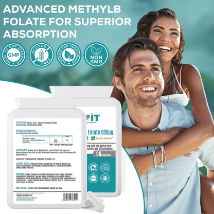 Supplement package with a man and woman in the background, labeled 'Advanced Methyl Folate for Superior Absorption'.