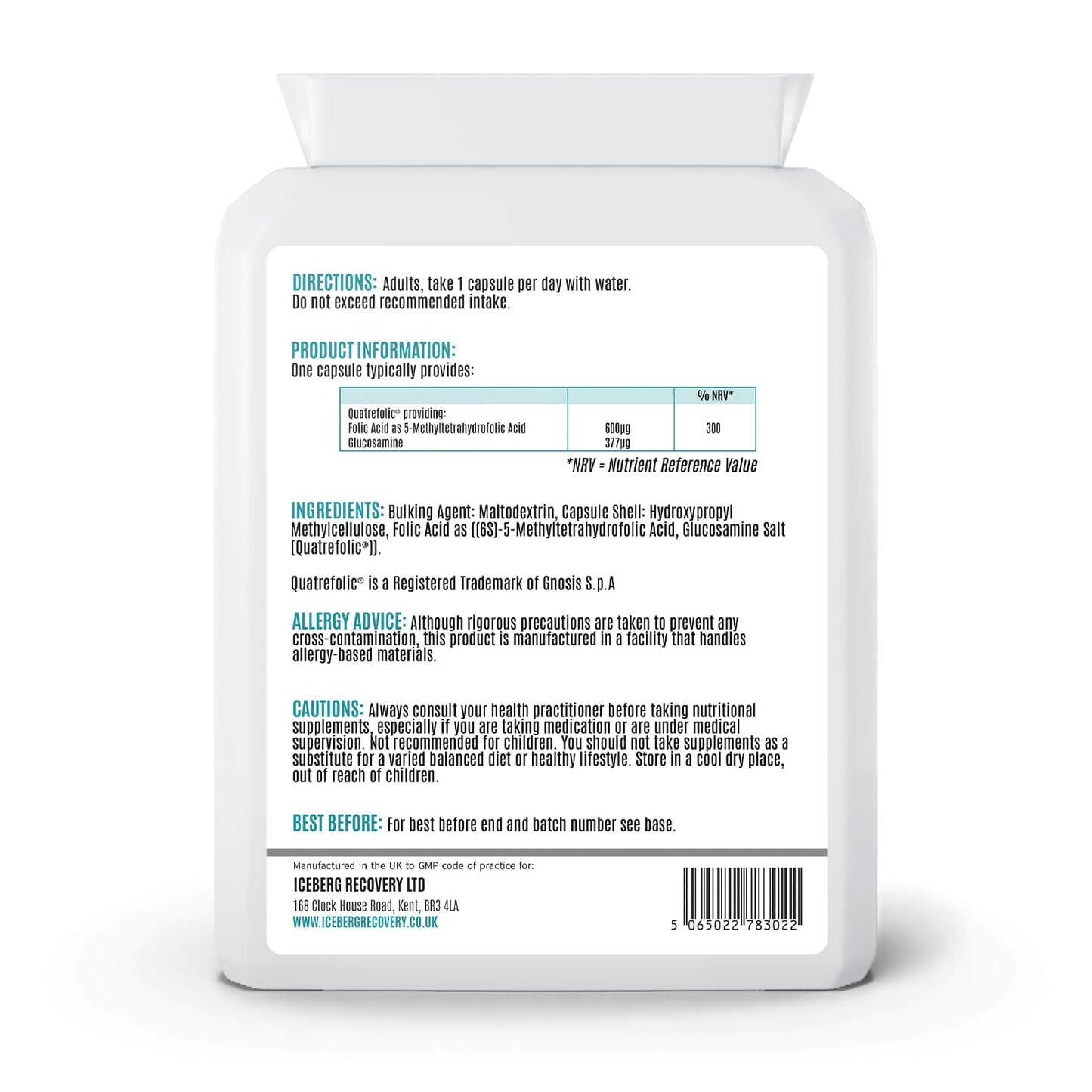 Back label of a supplement container with text and a barcode on a white background