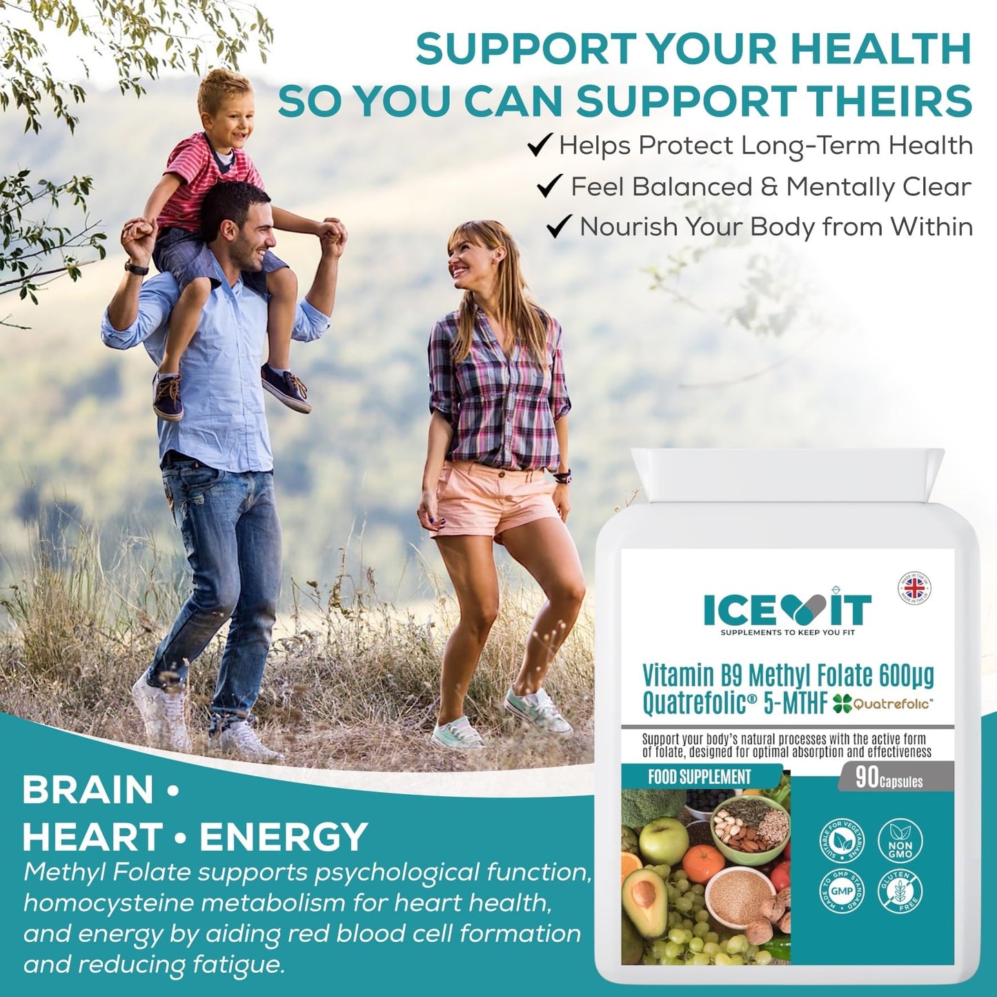 Family outdoors with supplement bottle labeled 'Icevit' on a natural background