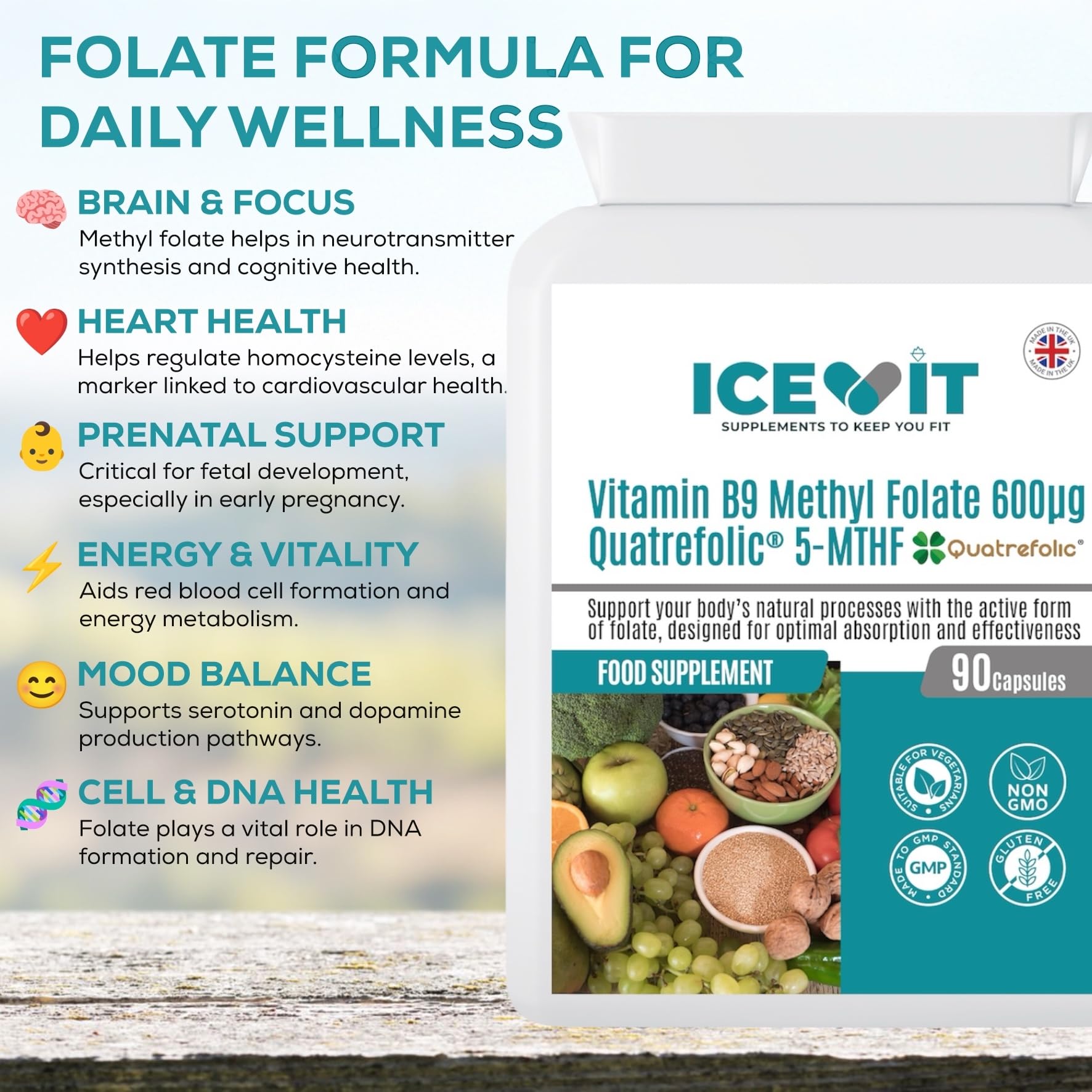 Icevit vitamin supplement packaging with text on daily wellness benefits