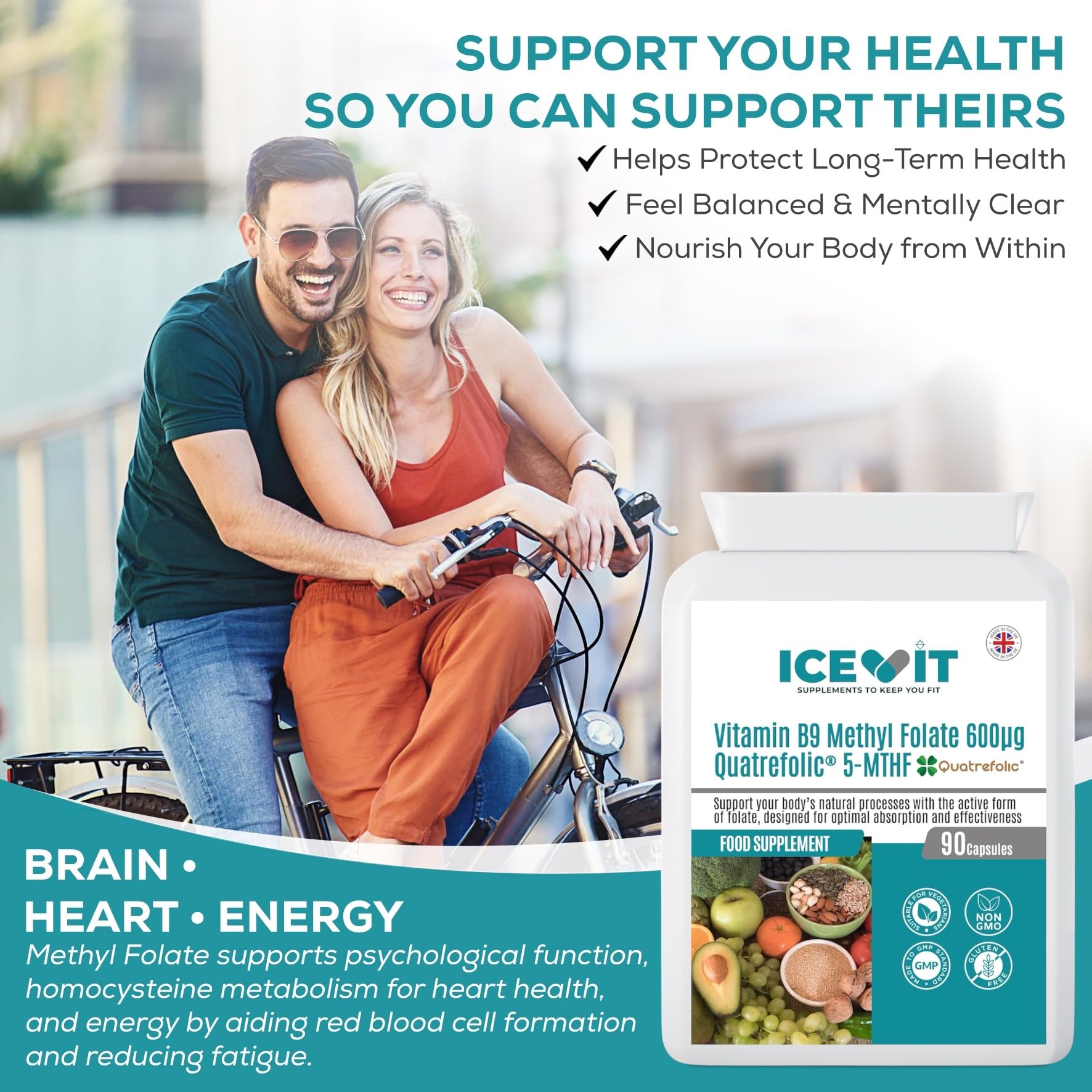 Couple on a bike with Icevit supplement packaging and text about health benefits.