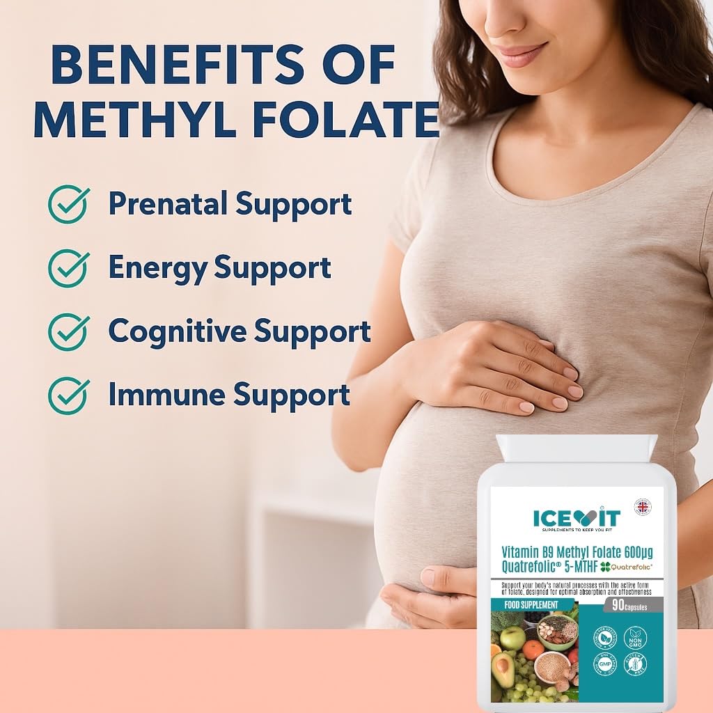 Pregnant woman holding a supplement package with text about methylfolate benefits.
