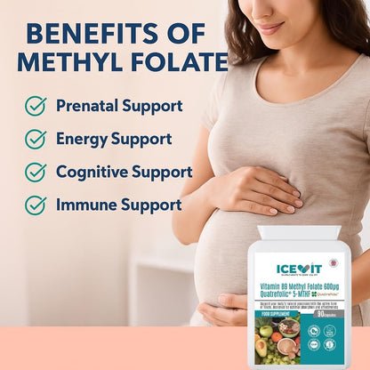 Pregnant woman holding a supplement package with text about methylfolate benefits.