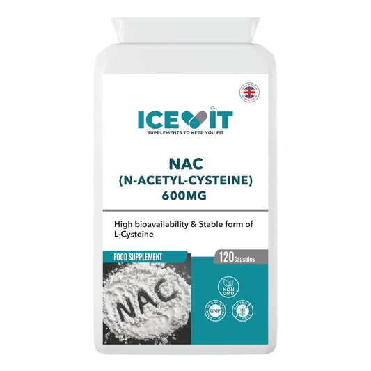 Supplement bottle labeled 'NAC (N-Acetyl-Cysteine) 600MG' by ICEVIT on a white background.