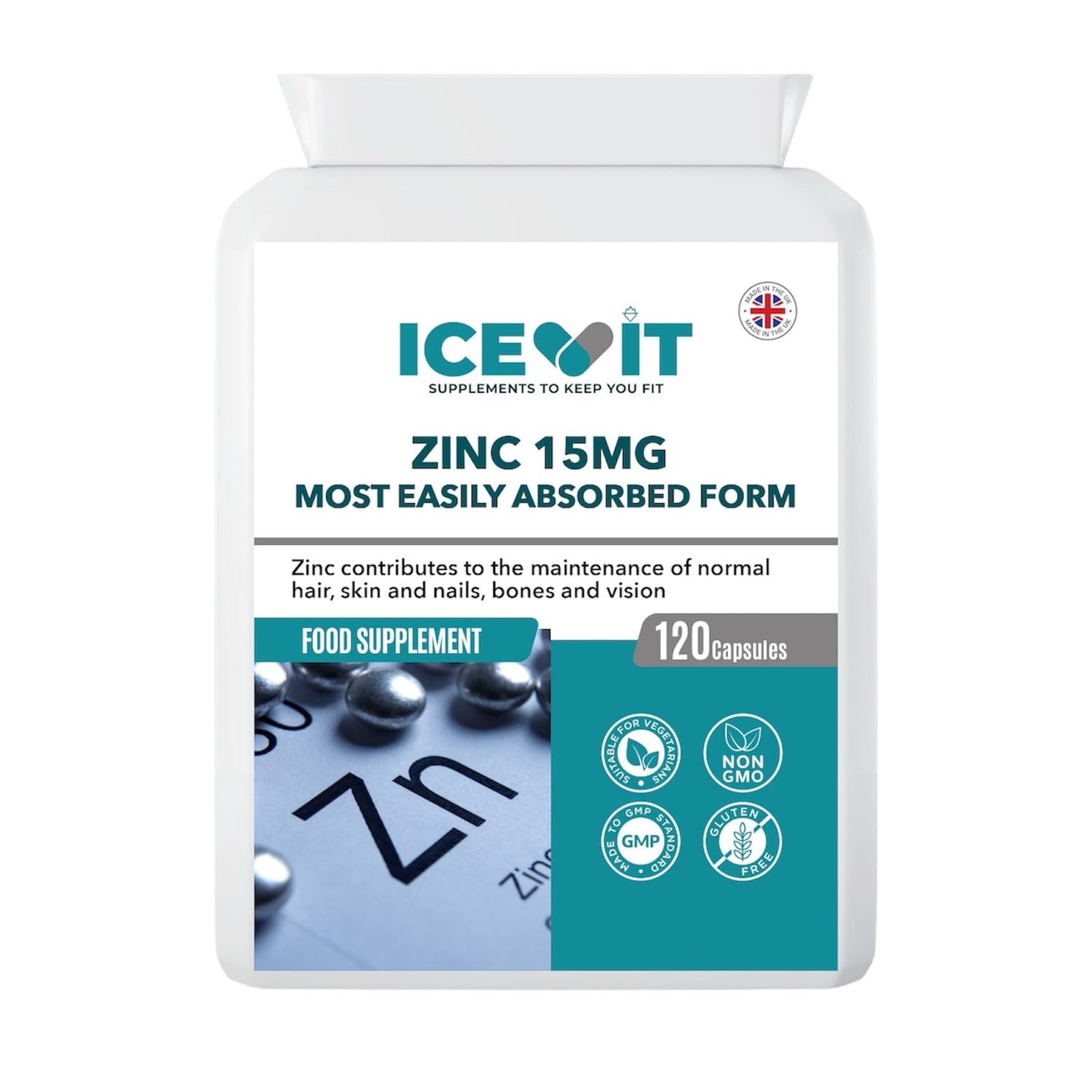 Supplement package with Icevit branding and zinc 15mg label on a white background