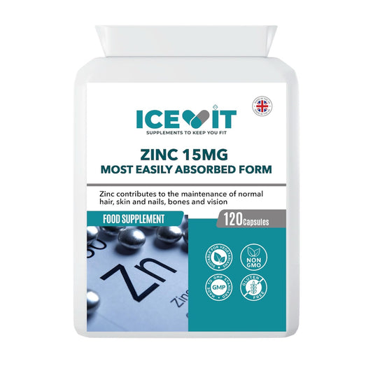 Supplement package with Icevit branding and zinc 15mg label on a white background